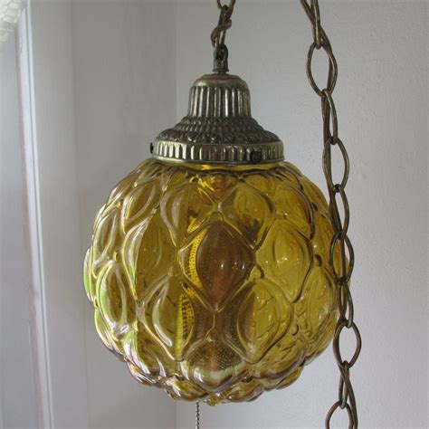Hanging Swag Lamp Amber Globe Vintage 1970s With Long Chain Cord And