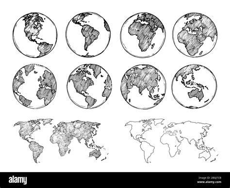 Planeta Tierra Dibujado A Mano Mapa Global Con Continentes De Croquis