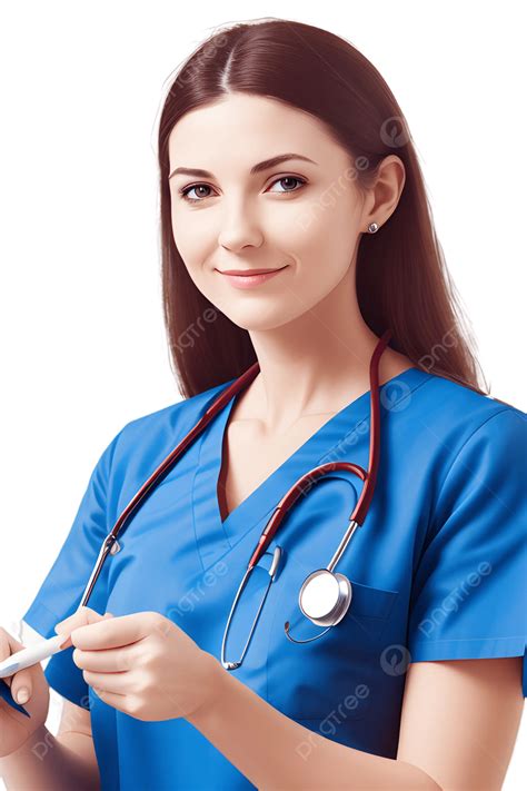 Female Woman Nurse Doctor With Blue Shirt Holding A Pen Female Woman
