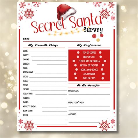Secret Santa Survey Secret Santa Questionnaire Printable Etsy Uk