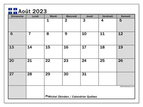 Calendrier Août 2023 Québec Michel Zbinden Fr