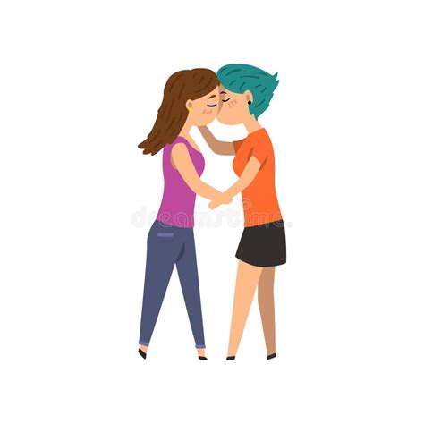 Couple Of Gay Women Embracing And Kissing Lgbt Girls In Love Cartoon