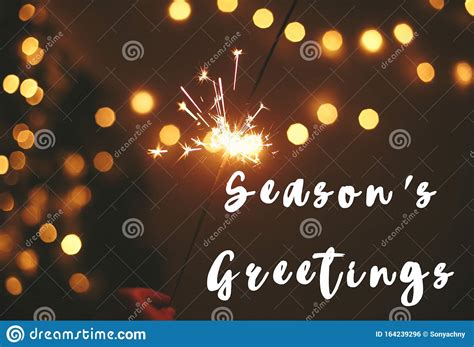 Season`s Greetings Text Sign On Glowing Sparkler In Hand On Background