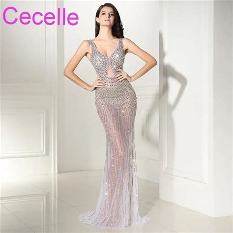 designer sexy mermaid prom dresses 2018 illusion sparkly beaded rhinestones women formal evening