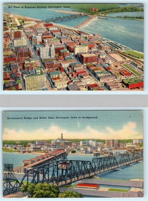 2 Postcards Davenport Iowa Ia ~ Skyline Bridge Dam And Aerial View