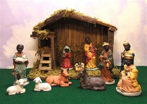 11 Piece Christmas Porcelain Black Nativity Manger Set Wwood Creche