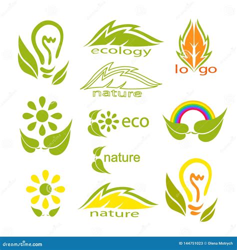 Ecological Logo Or Icon Set With Green Leaves Light Bulb Rainbow