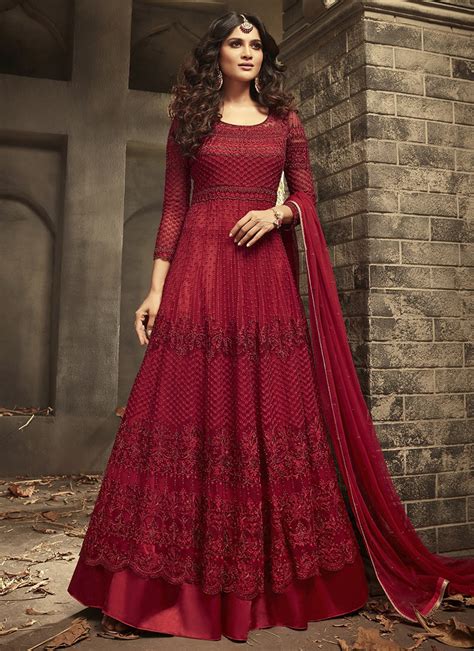 Buy Red Embroidered Abaya Style Anarkali Suit Embroidered Sequins