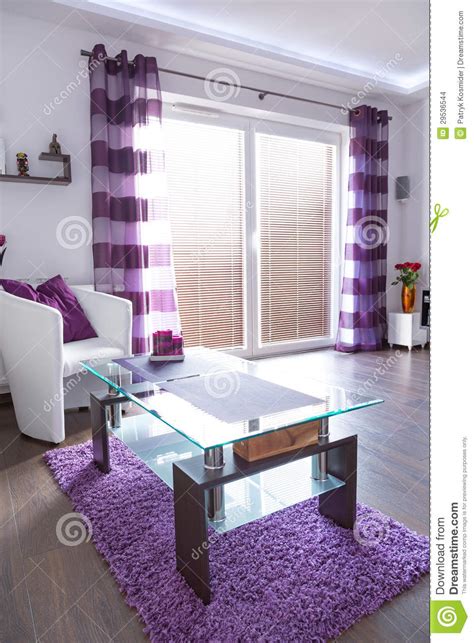 Modern White And Purple Living Room Interior Stock Photo