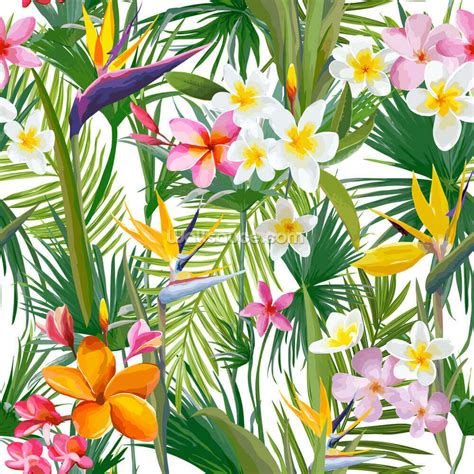 Tropical Palm Leaves And Flowers Wallpaper Mural Wallsauce Ca