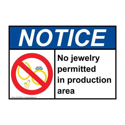 Ansi No Jewelry Permitted In Production Sign With Symbol Ane 35322