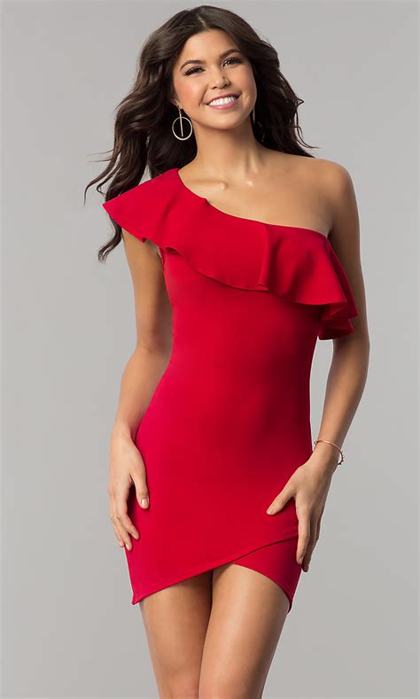 Short Red Ruffled One Shoulder Holiday Party Dress