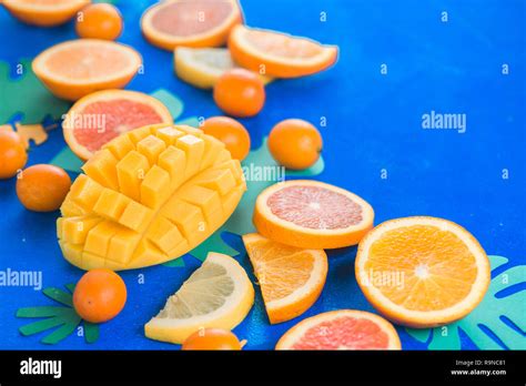 Exotic Fruits Close Up Mango Oranges Kumquat And Other Tropical