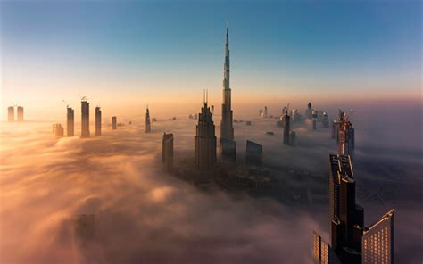 Download Wallpapers Dubai Morning Sunrise Fog Modern Architecture