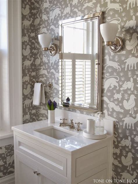 Shades Of Gray And White White Bathroom With Wallpaper Bathroom