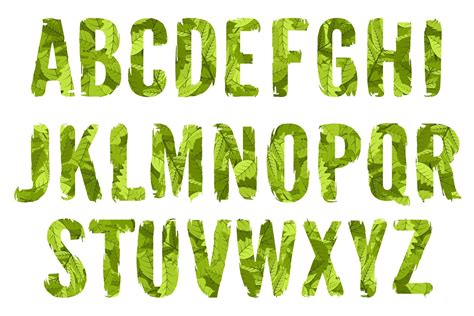 Green Leaves Alphabet Vector Leaf Font Alphabet Cards Lettering