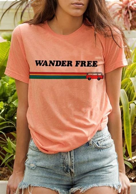 Wander Free Tee Womens Graphic Tees S S Vintage Style Groovy Rainbow T Shirt