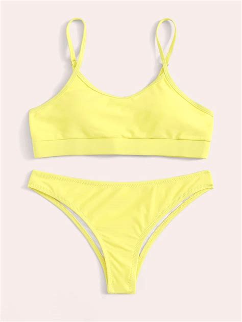 Yellow Swimsuit Spaghetti Strap Cami Top With Low Rise Bikini Bottom
