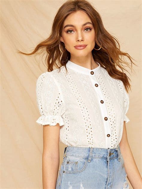 Eyelet Embroidery Button Front Blouse Women Blouses Fashion Stylish Tops For Women Stylish Tops