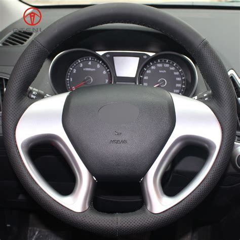Lqtenleo Black Artificial Leather Hand Stitched Car Steering Wheel