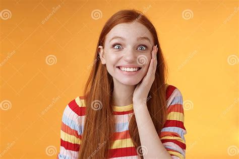 Cheerful Glad Excited Attractive Redhead Girl Blushing Surprised