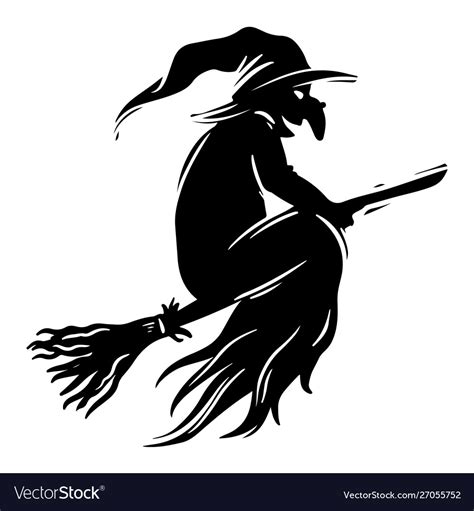 Witch Flying On Broomstick Black And White Vector Image