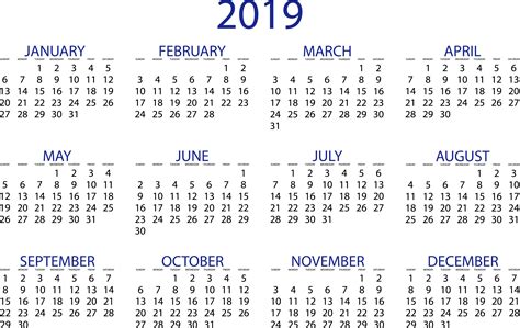 Download Hd 2019 Year Calendar Template Download Calendar Transparent