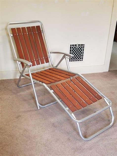 Vintage Redwood Slat Aluminum Lawn Chair Chaise Lounge Folding Patio