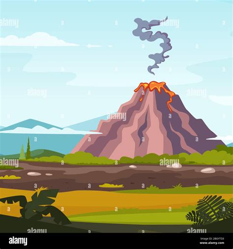 Wild Landscape With Volcano And Lava Cartoon Background For Game