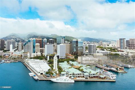 Aerial View Of Honolulu Harbor Aloha Tower Marketplace And Downtown