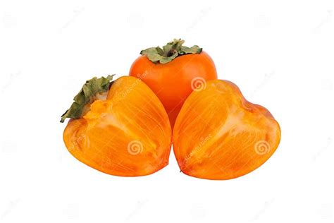 Persimmon Orange Fruit With Green Leaves Or Sharon Fruit One Whole And