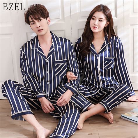 Bzel Couple Pajama Sets Silk Satin Pijamas Striped Sleepwear His And