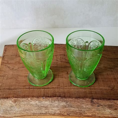 vintage green pressed glass footed tumblers or goblets two etsy
