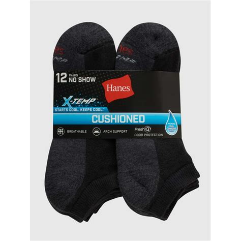 Hanes Mens X Temp Cushioned Arch And Vent No Show Socks Pack Of 12 Pairs Black