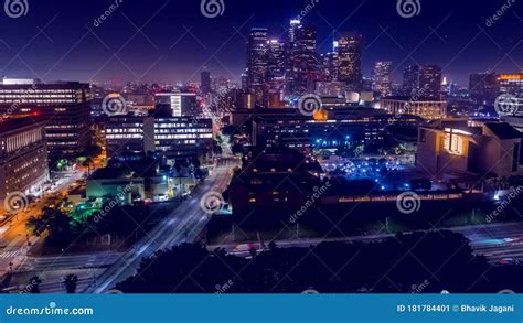 Cinematic Aerial View Of Urban Downtown Los Angeles City Skyline And