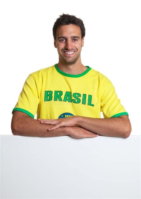 Laughing Brazilian Soccer Fan Ball Behind Signboard Stock Photos Free