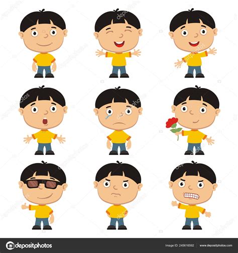 Set Charming Cartoon Characters Boys Black Hair Different Emotions