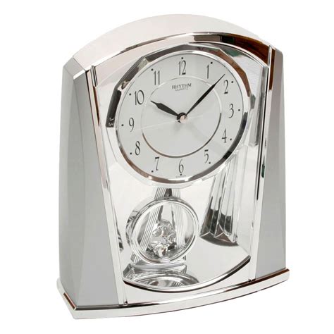 Rhythm Contemporary Modern Mantel Clock Silver Chrome Swinging Pendulum