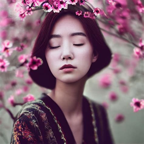 눈을 감고 배경 3d 렌더링에 꽃을 가진 아시아 여성 프리미엄 사진