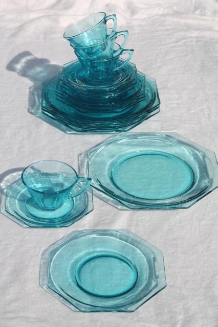 Vintage Hazel Atlas Capri Blue Aqua Glass Dishes Set Octagon Octagonal