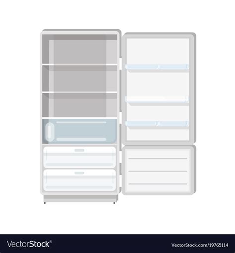 Blue fridge with healthy food, water, meet, vegetables. Empty refrigerator with opened door shelves and Vector Image