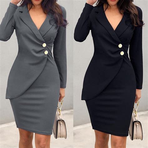 Office Dress Women Elegant Turn Down Neck Long Sleeve Buttons Bodycon Work Formal Dress