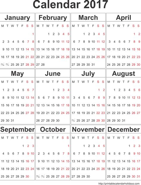 2017 Yearly Calendar Template In Portrait Format Printable Calendar