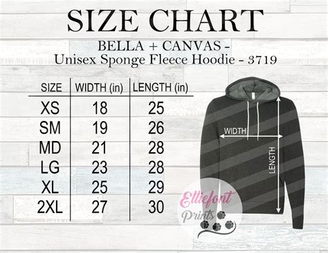 Bella Canvas 3719 Size Chart Bella Canvas Sweatshirt Size Etsy