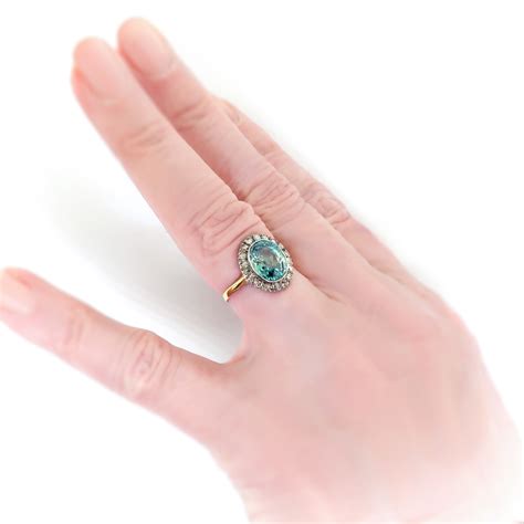 Antique Oval Blue Zircon With Diamond Halo Ring Silver 18k Gold