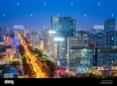 Beijing China Downtown Cityscape At Night In Chaoyang District Stock