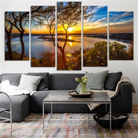 5 Panel Canvas Painting Sunset Lake Tree Seascape Landscape Poster