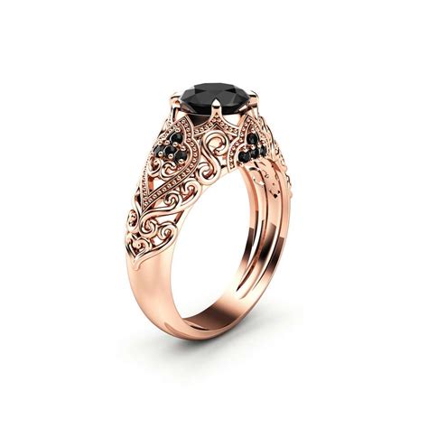 Art Deco Engagement Ring 14k Rose Gold Ring Black Diamond Engagement