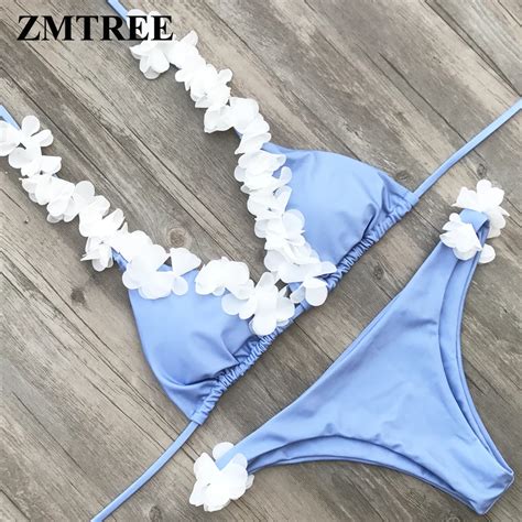 Zmtree Floral Swimwear Women Halter Swimsuit Handmade Flower Bikini Set
