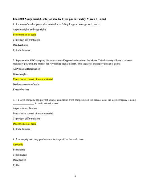 Micro Economics Assignment 3 Solutions Eco 2302 Assignment 3